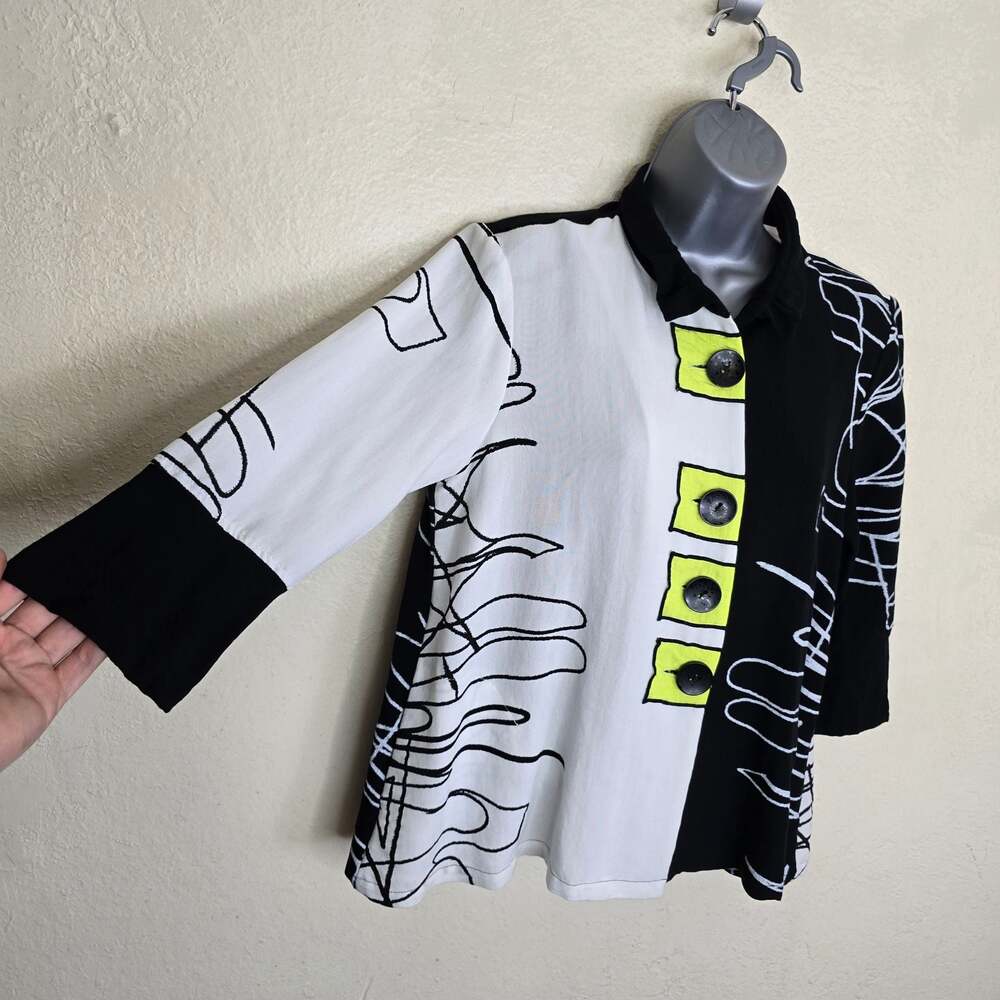 Ali Miles Black White Lime Scribble Print Button-Front Jacket Size PM - Picture 4 of 8